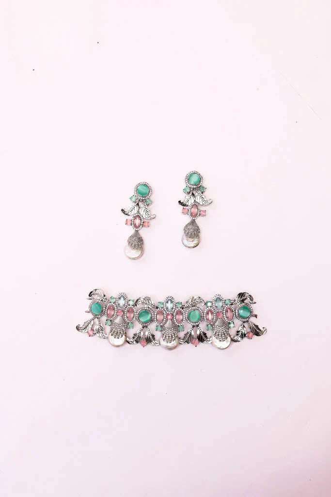 green salmon pink and white studded chokker and earings