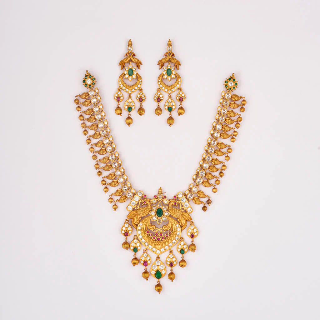 Pearl stone matt gold peacock necklace set