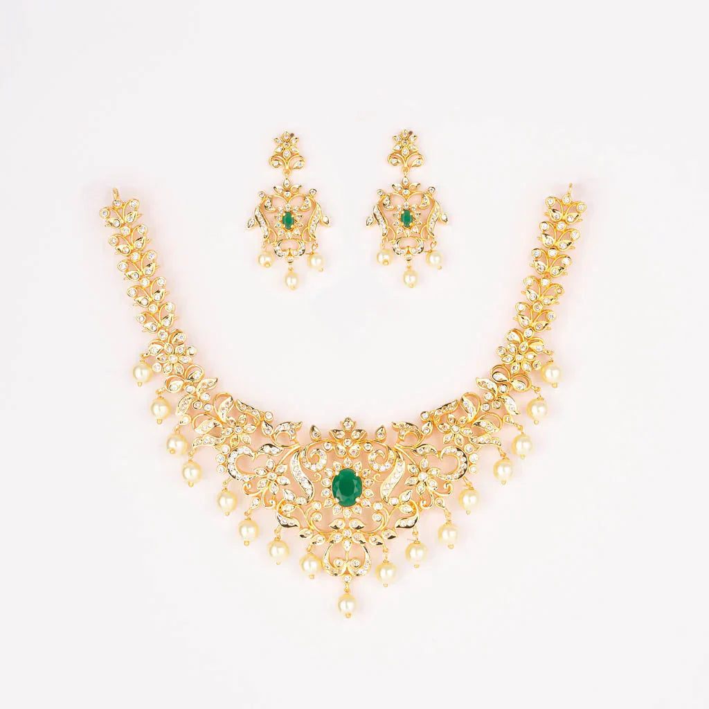 Gold A.D pearl flower necklace set