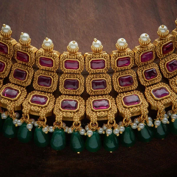 Gold-Plated Necklace with Ruby & Green Stone Adornments