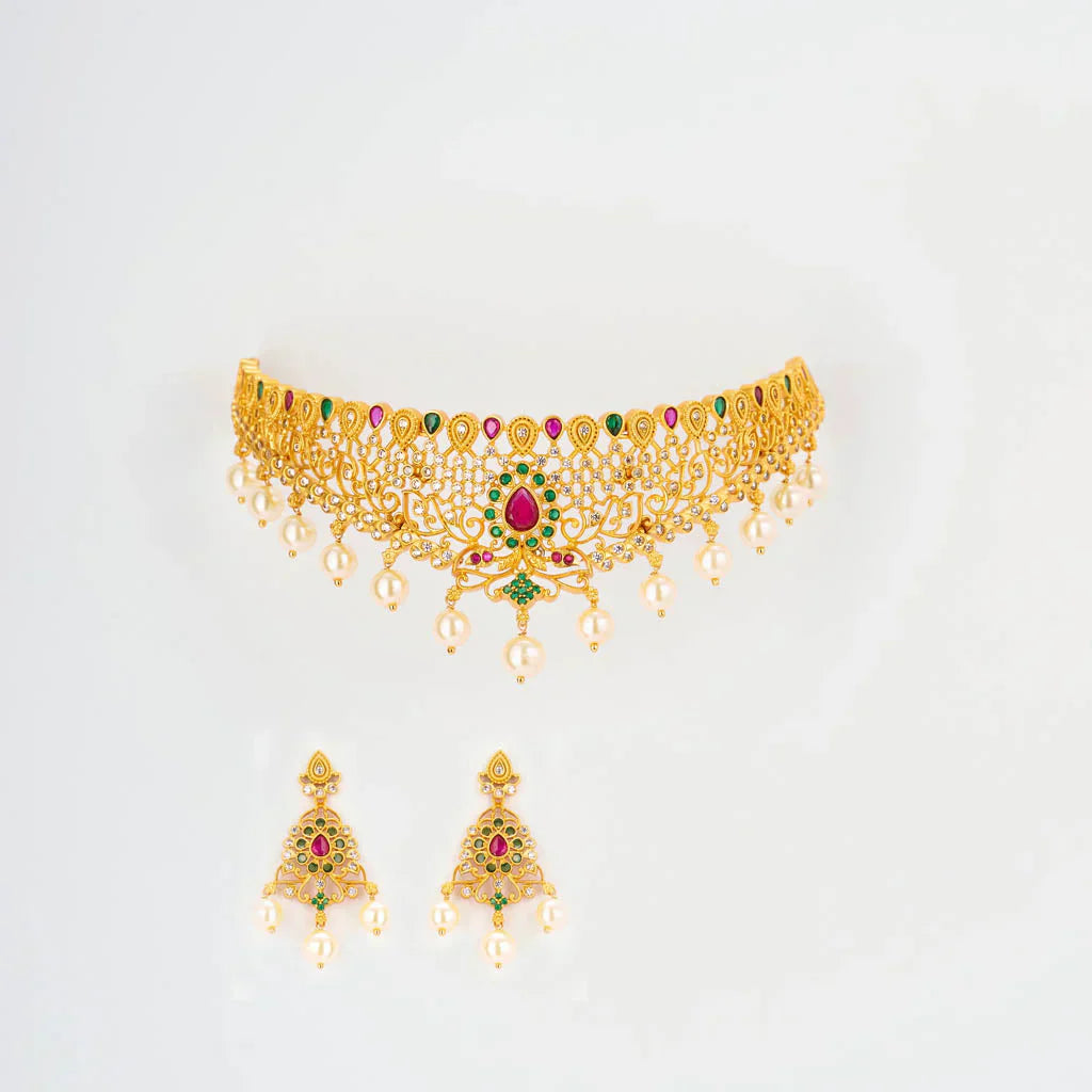 Classic Matt gold ruby green choker