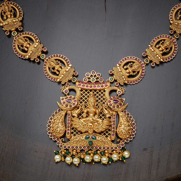 Gold Plated Bridal Set with Intricate Goddess Lakshmi Carvings