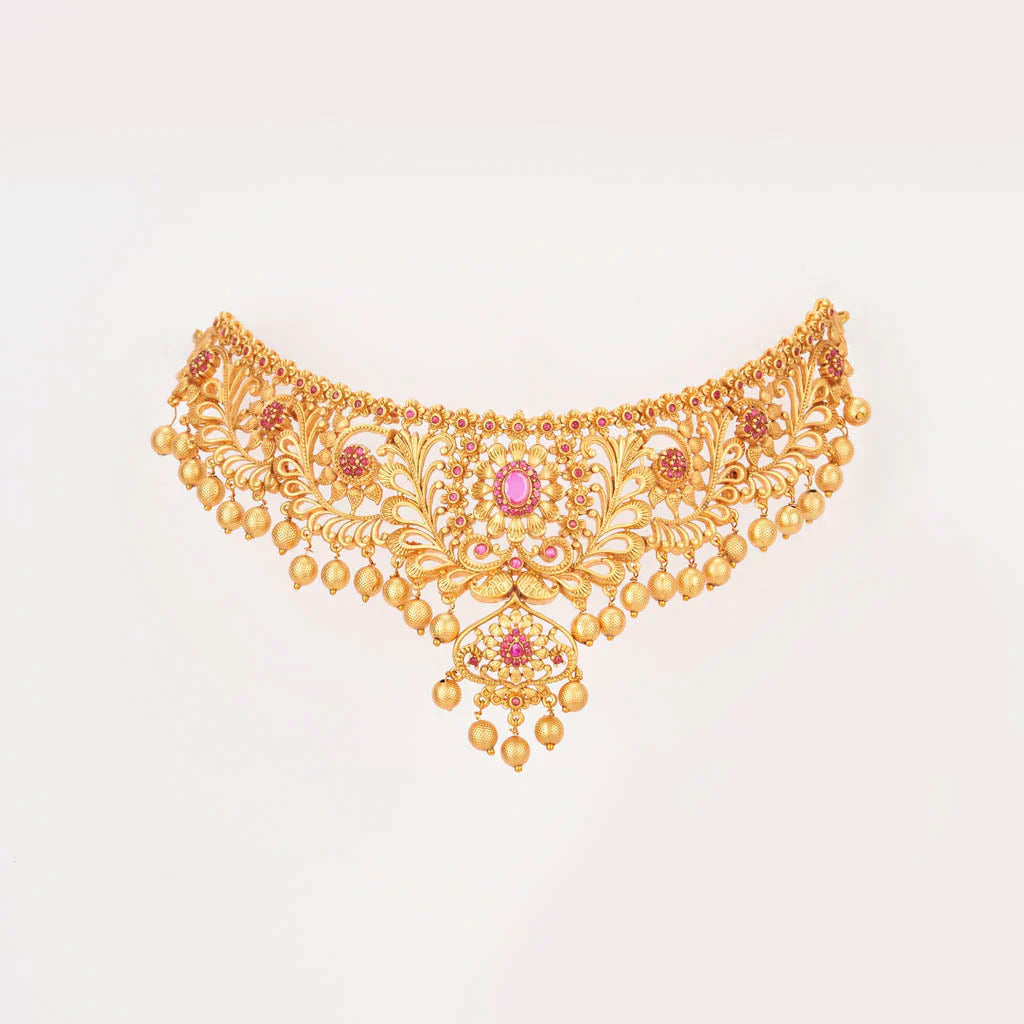 gorgeous Ruby studded matt gold choker