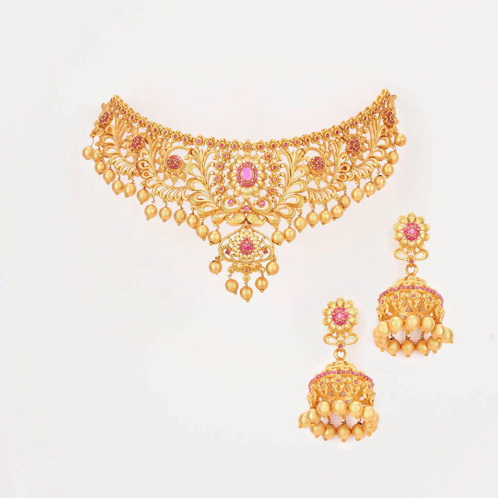 gorgeous Ruby studded matt gold choker