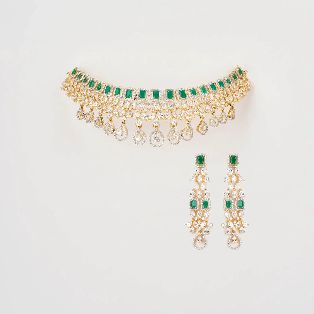 gold & American diamond green white choker