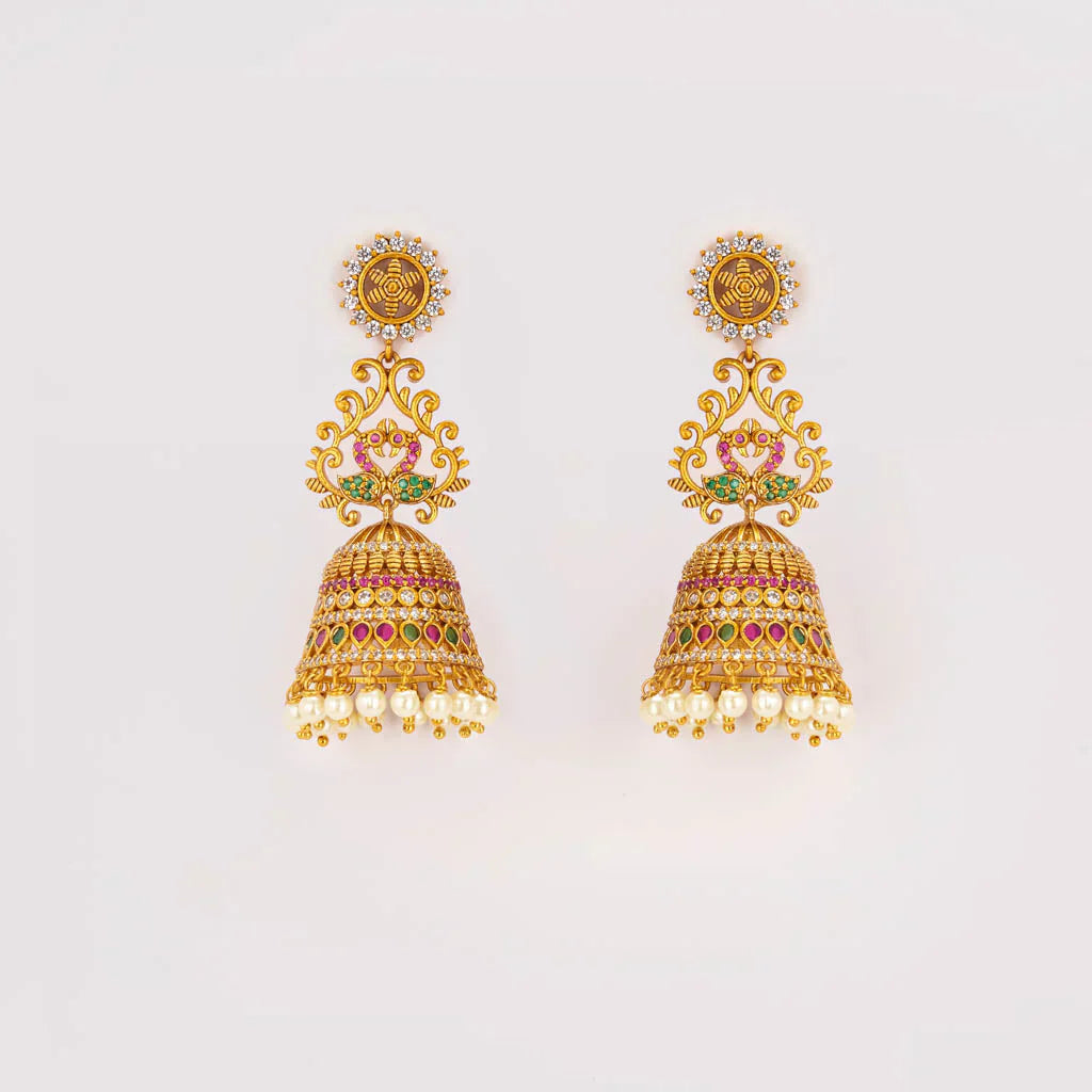 Elegant gold matt ruby green jhumkas