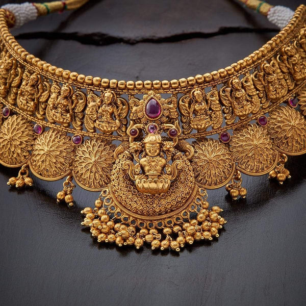 gold plated laxmi design Synthetic Stones choker set