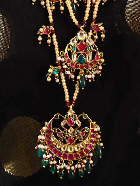 Pink Green Gold Tone Kundan Layered Necklace with Onyx and Pearls