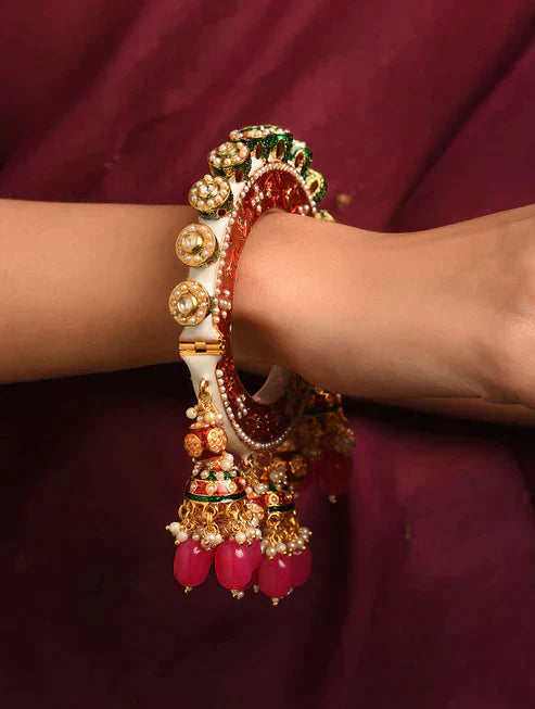 Pink Green Gold Tone Kundan Meenakari Kada
