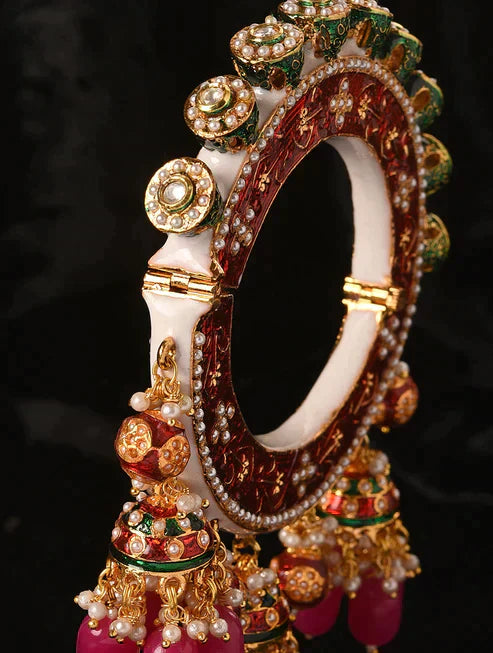 Pink Green Gold Tone Kundan Meenakari Kada