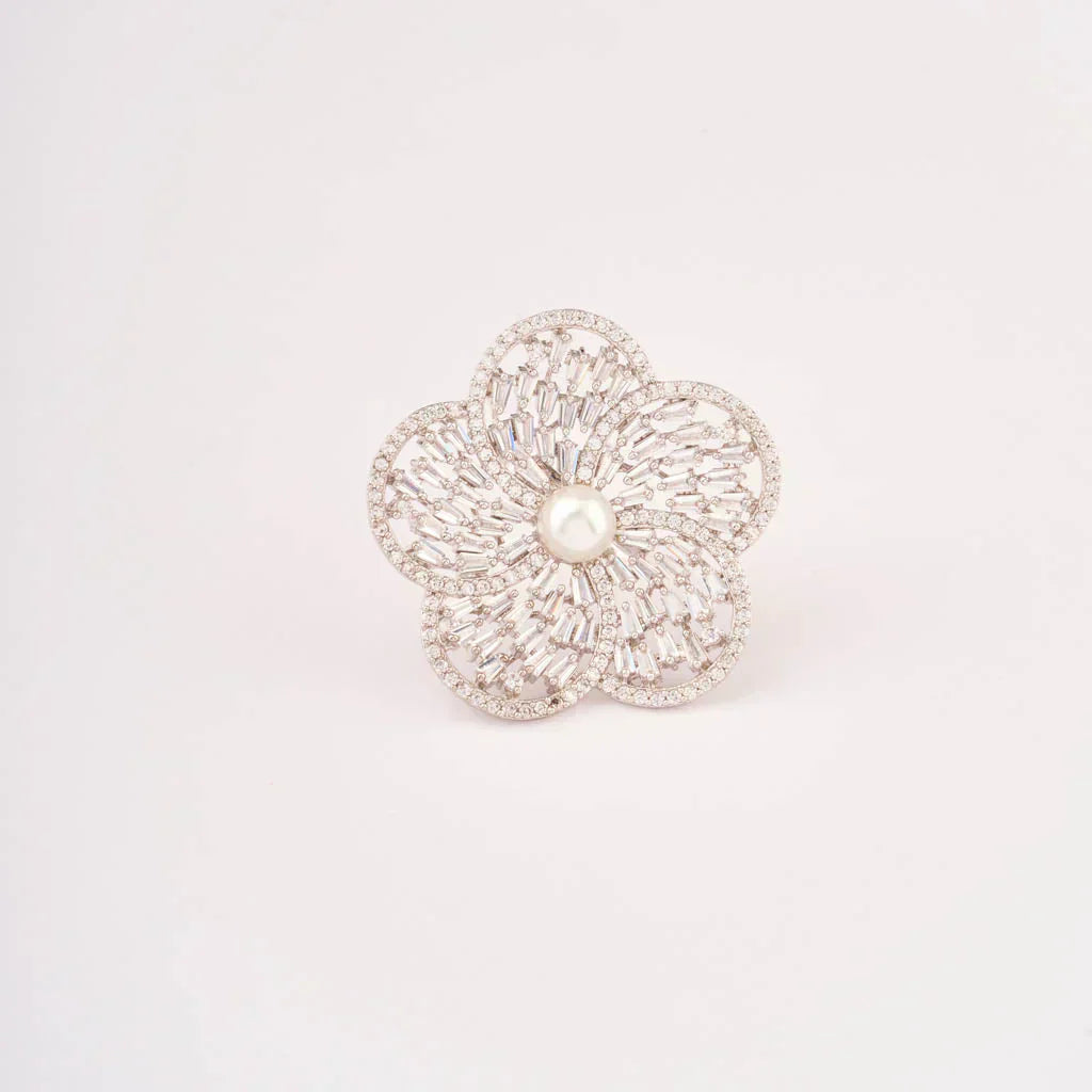 Beautiful floral A.D Rhodium finger ring.