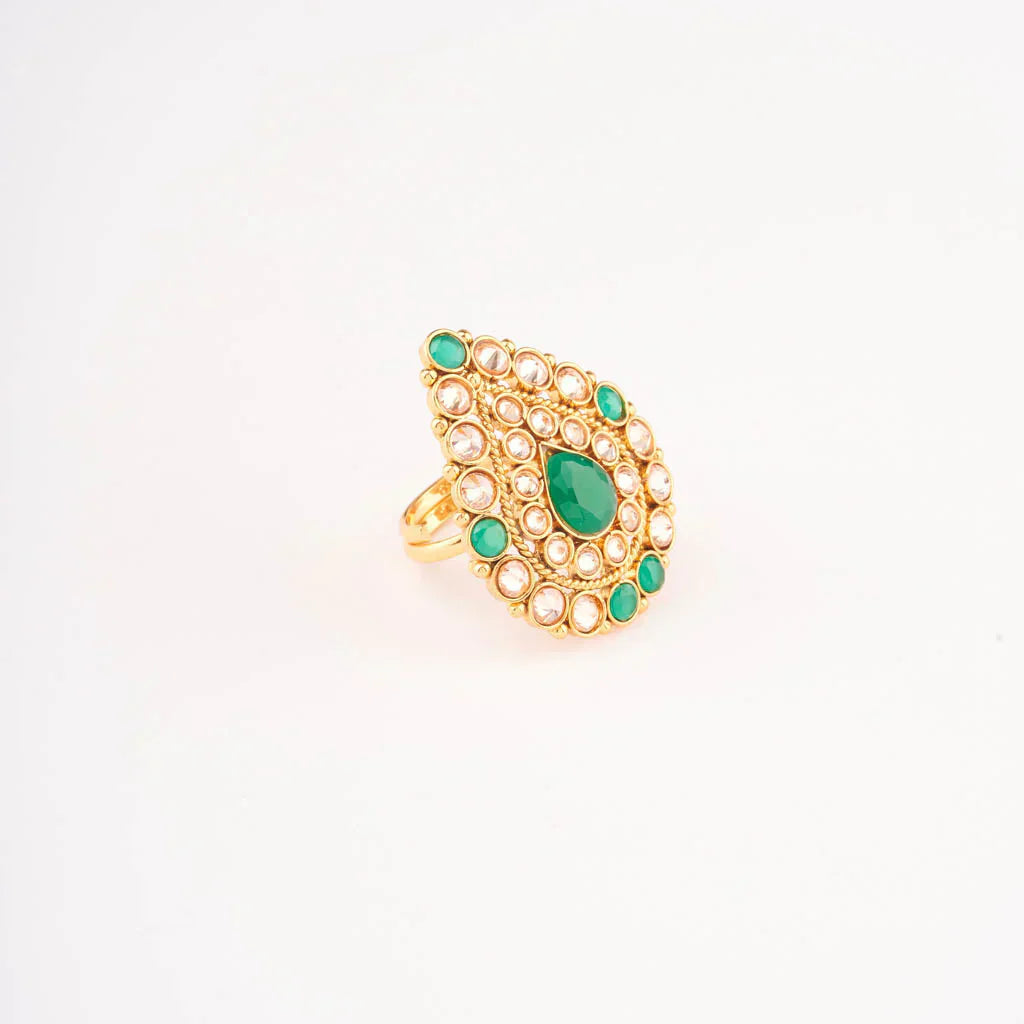 Matt Gold and green white stone-studded ring.