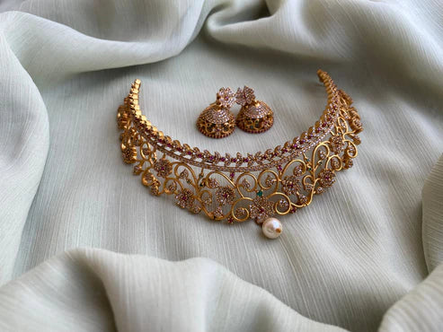 Simple Close neck Choker with jhumkas