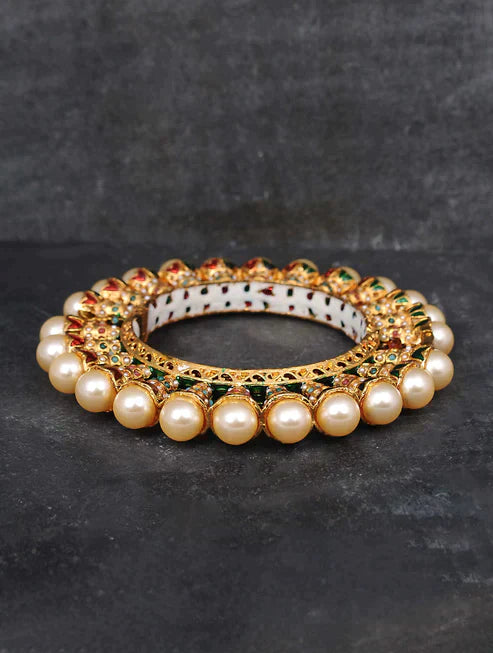 Multicolored Gold Tone Handcrafted Bangle With Pearls