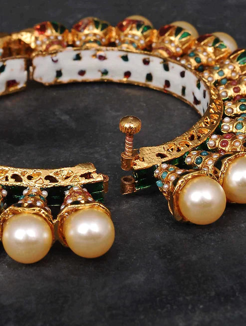 Multicolored Gold Tone Handcrafted Bangle With Pearls