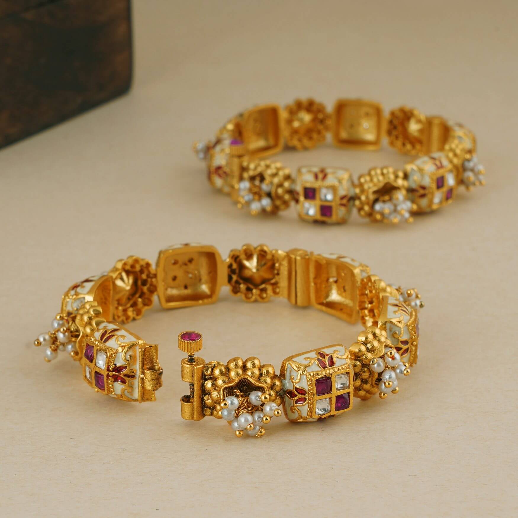 GOLD PLATED MEENAKARI RUBY KUNDAN BANGLE SET