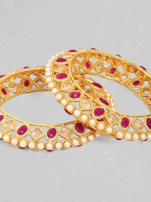 gold Plated Handcrafted Ruby Stone Set of 2 Bangle Set