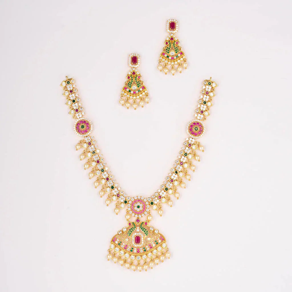 Long ruby and kemp peacock necklace with earings