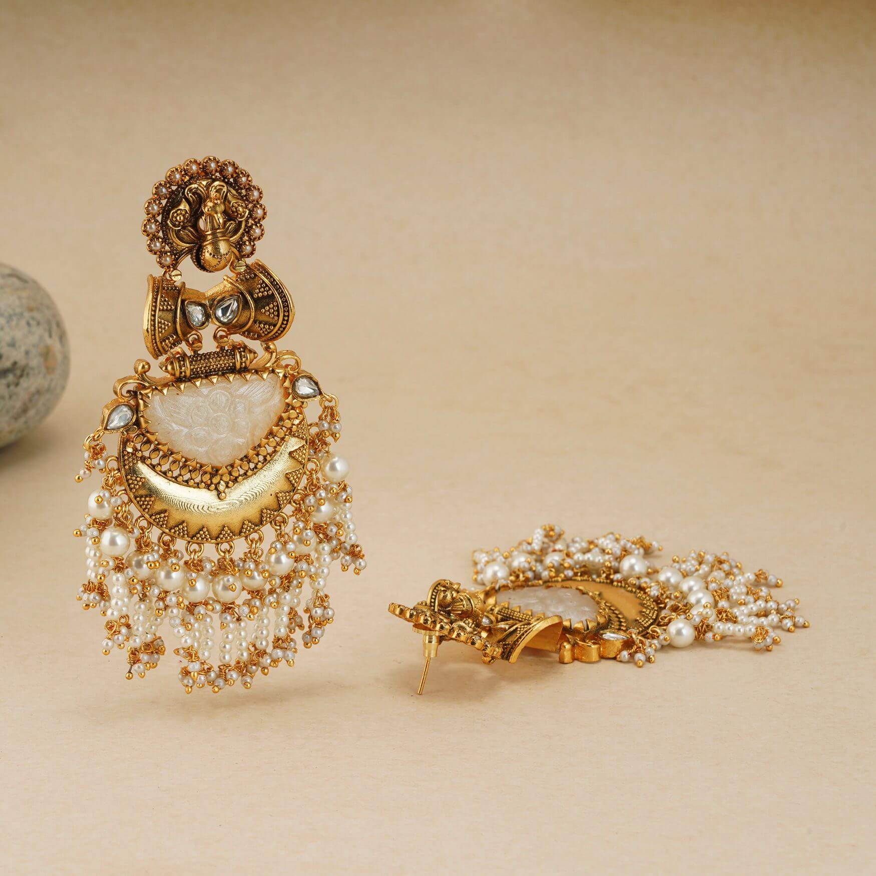 PEACOCK INSPIRED LONG STONE EARRING WITH PEARL TASSEL
