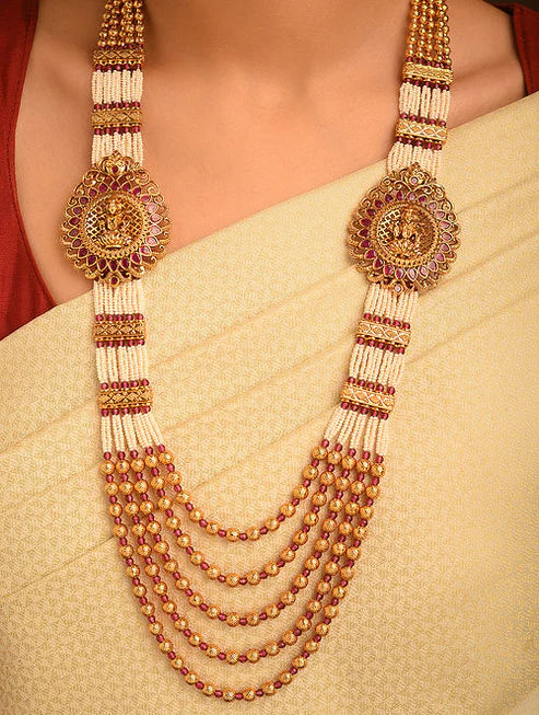 Red Gold Tone Temple Necklace Set with Pearls