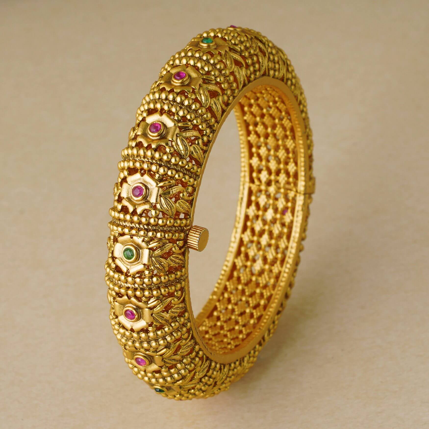 INTRICATE GOLD PLATED STONE KADA BANGLE