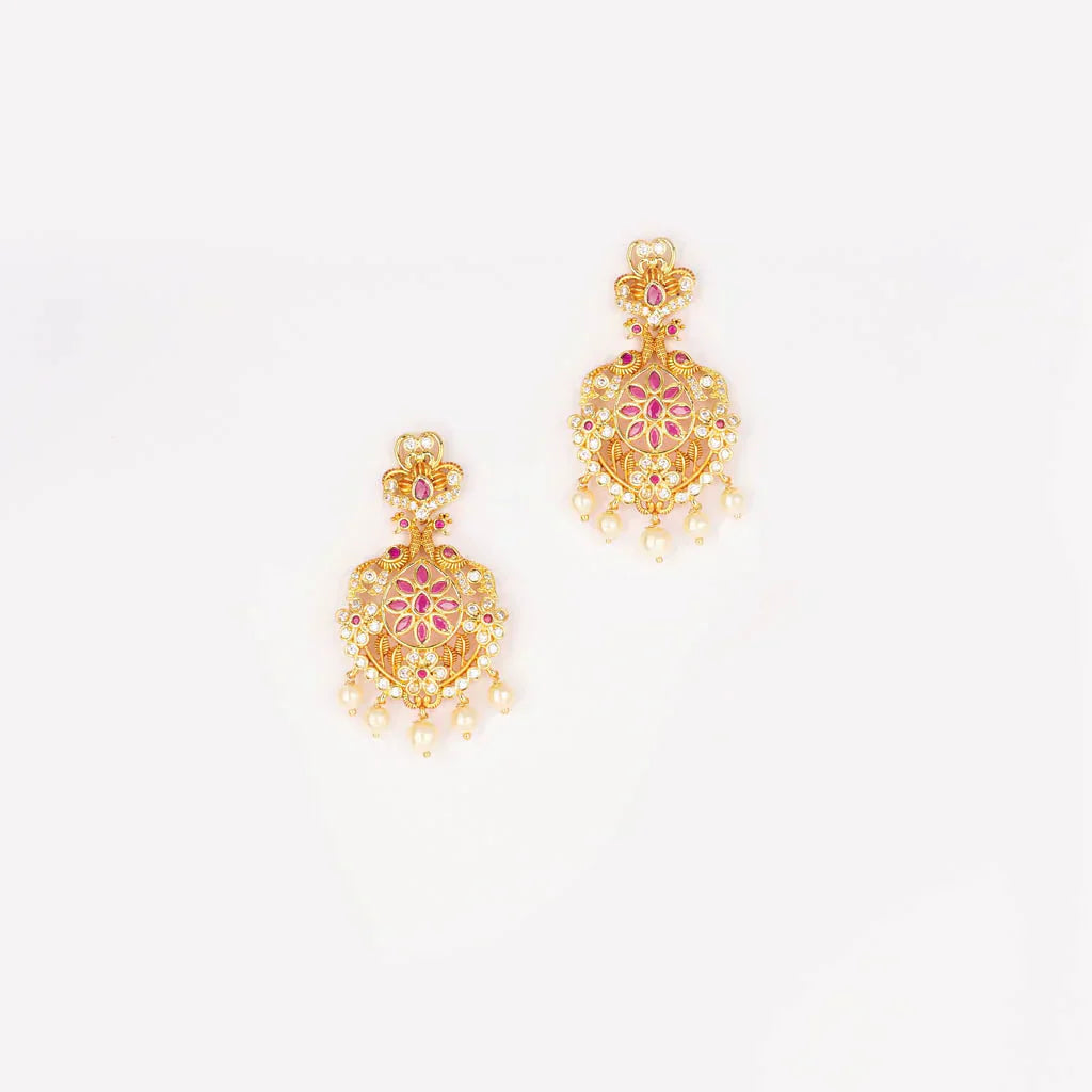 Red matte long dull gold finish floral necklace and jhumkas