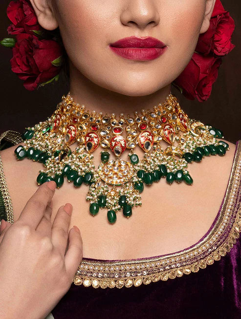 Red Green Gold Tone Kundan Choker Necklace with Pearls