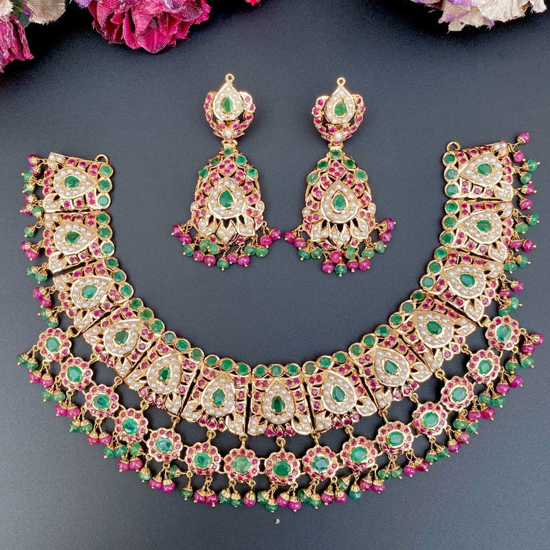 GOLD NECKLACE SET STUDDED WITH PRECIOUS EMERALDS AND RUBIES