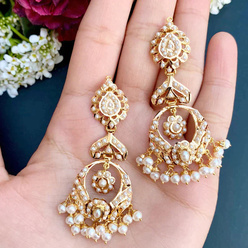 TRADITIONAL PEARL NECKLACE SET IN 22K GOLD MATCHED WITH CHANDBALI EARRINGS