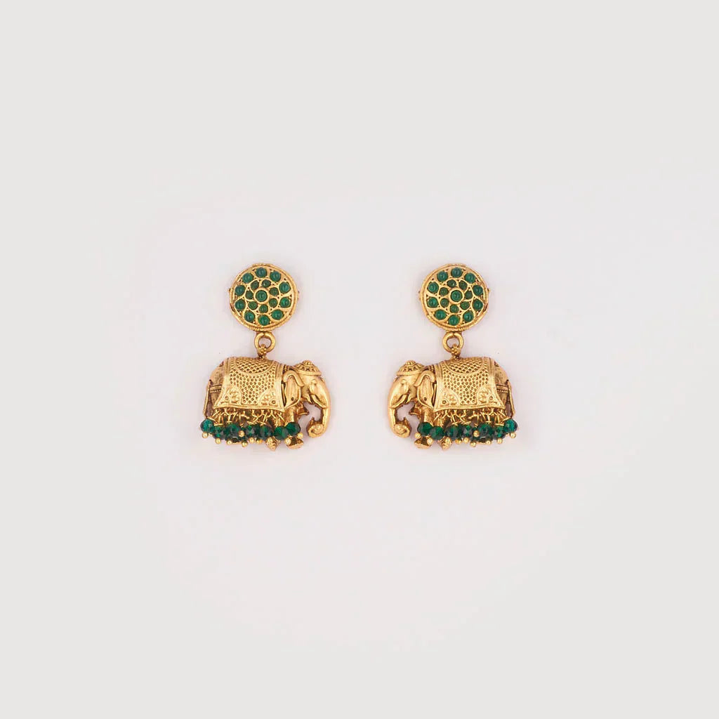 Green matt gold elephant engraved necklace set