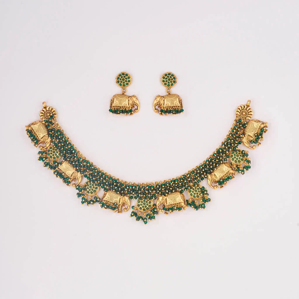 Green matt gold elephant engraved necklace set
