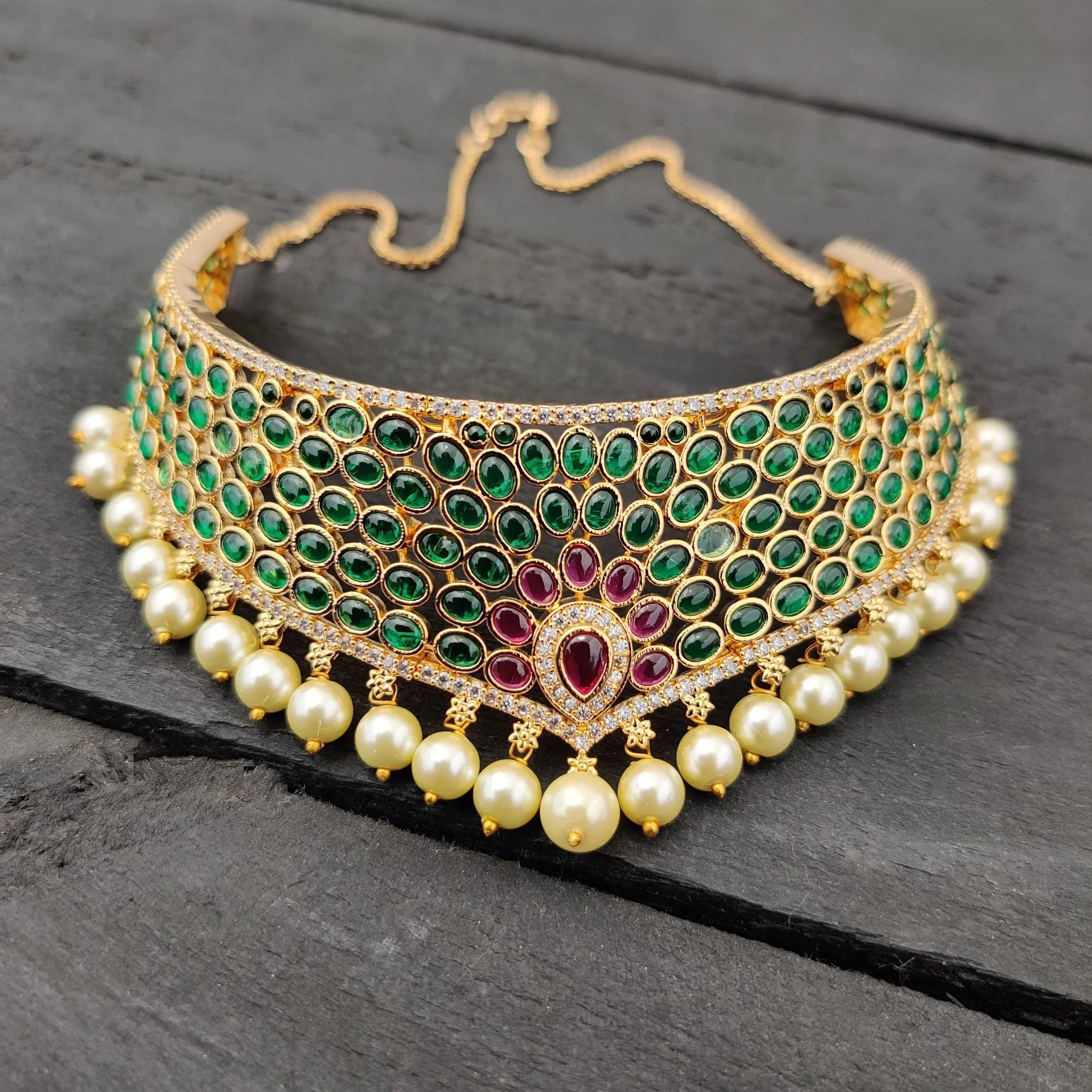 Real Kemp Micro Gold Polished AD Bridal Choker Necklace Set