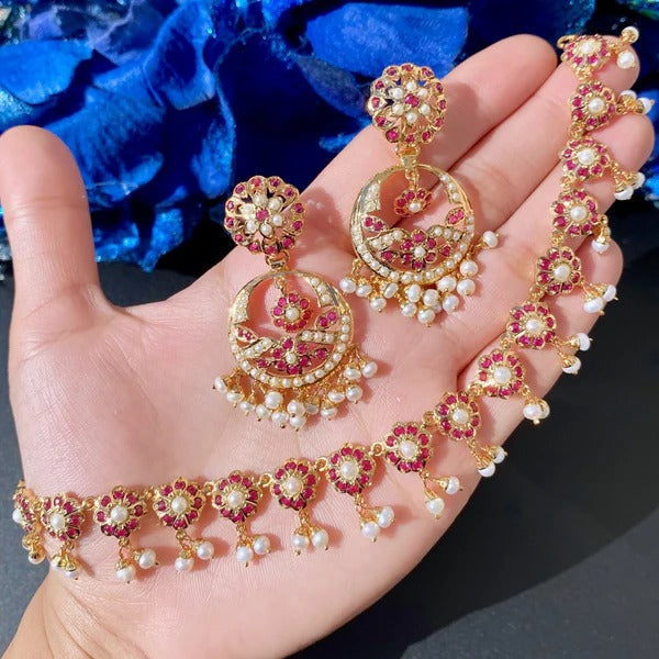 DELICATE RUBY NECKLACE SET WITH CHANDBALI EARRINGS