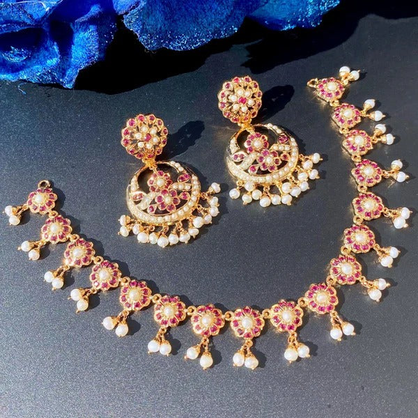 DELICATE RUBY NECKLACE SET WITH CHANDBALI EARRINGS