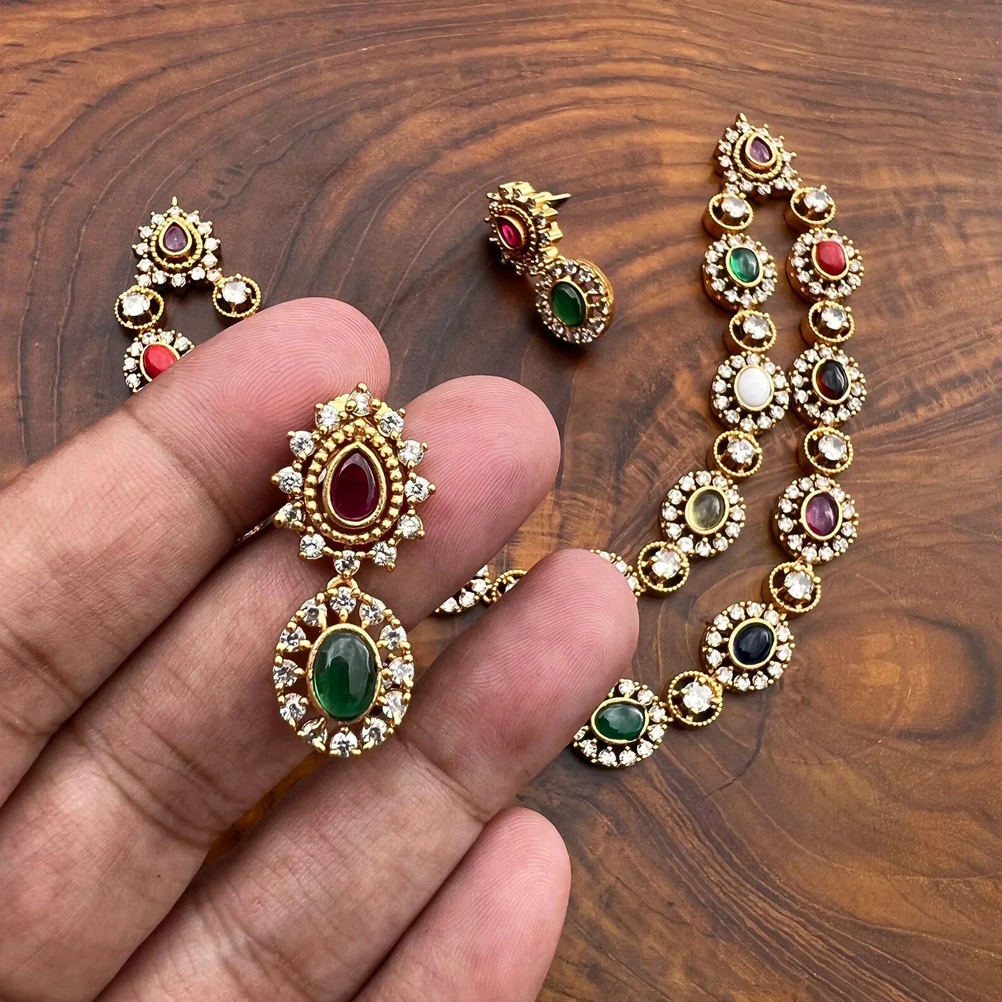 AD Matte Two Layer Navratna Necklace set