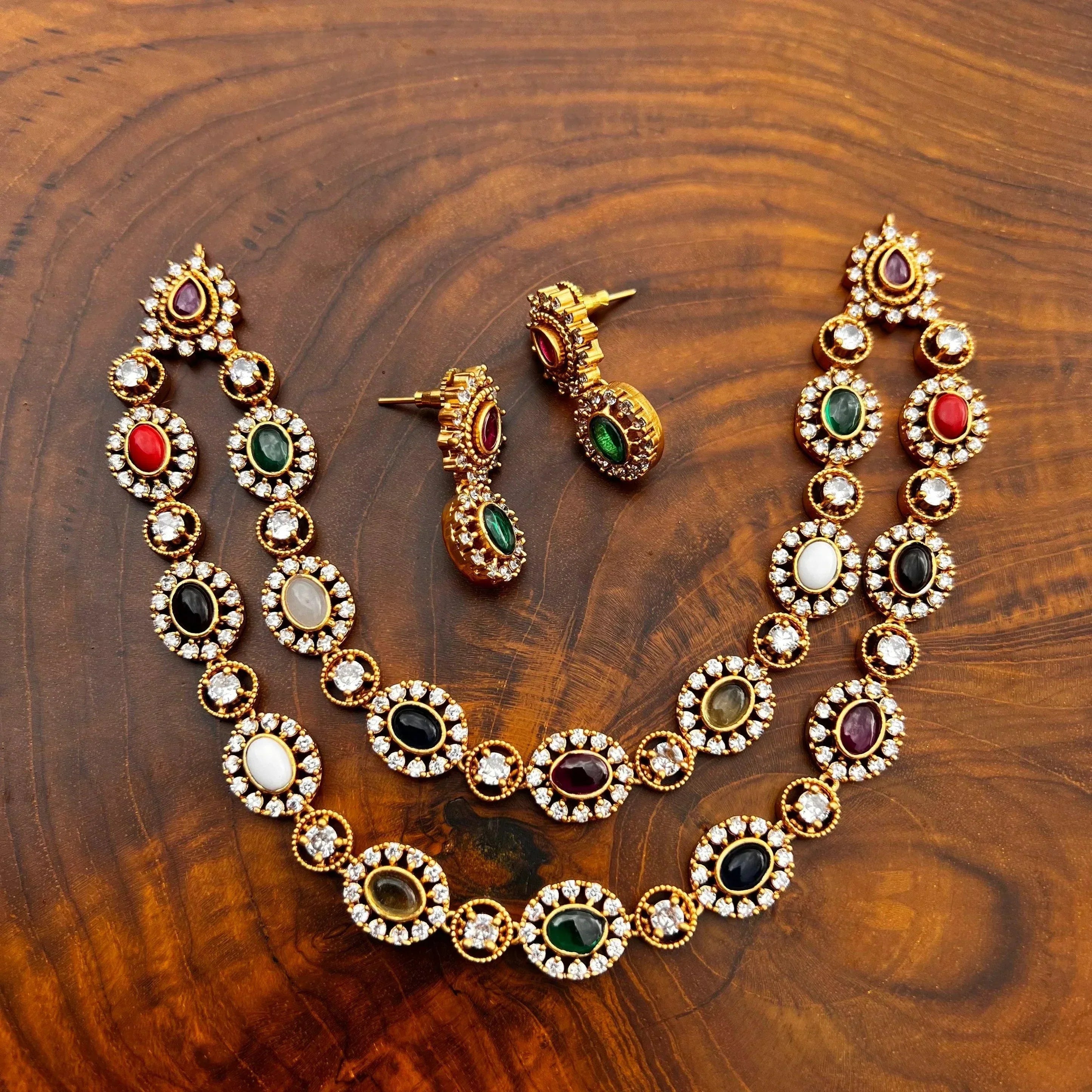 AD Matte Two Layer Navratna Necklace set