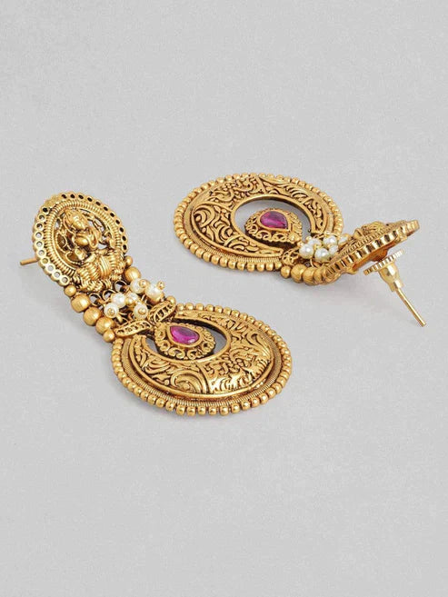 Gold Plated Handcrafted Filigree & Pink Stone Temple Drop Earrings